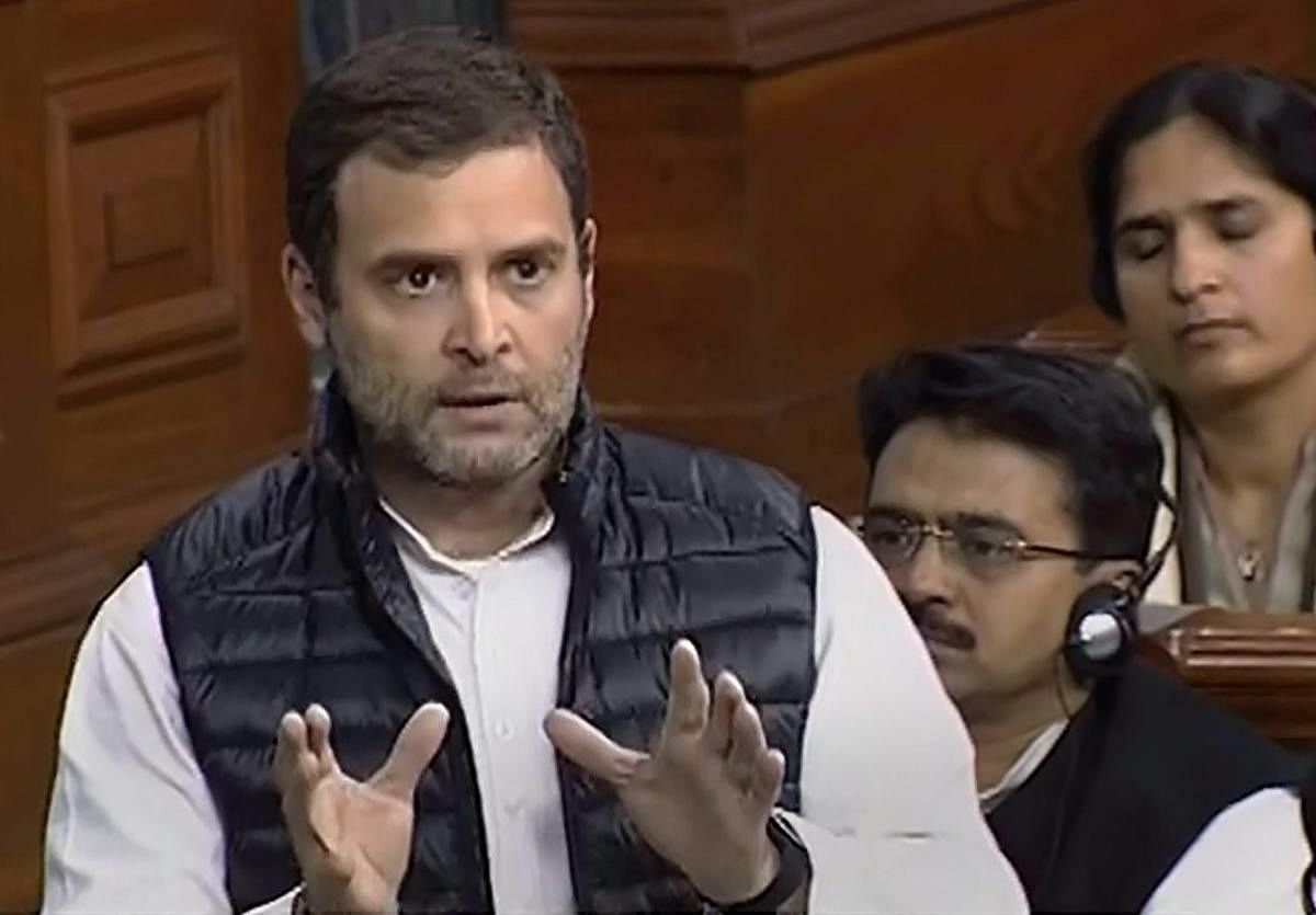 Congress President Rahul Gandhi speaks during the discussion on issues relating to Rafale deal, in the Lok Sabha in New Delhi, Friday, Jan 4, 2019. (LSTV grab via PTI)