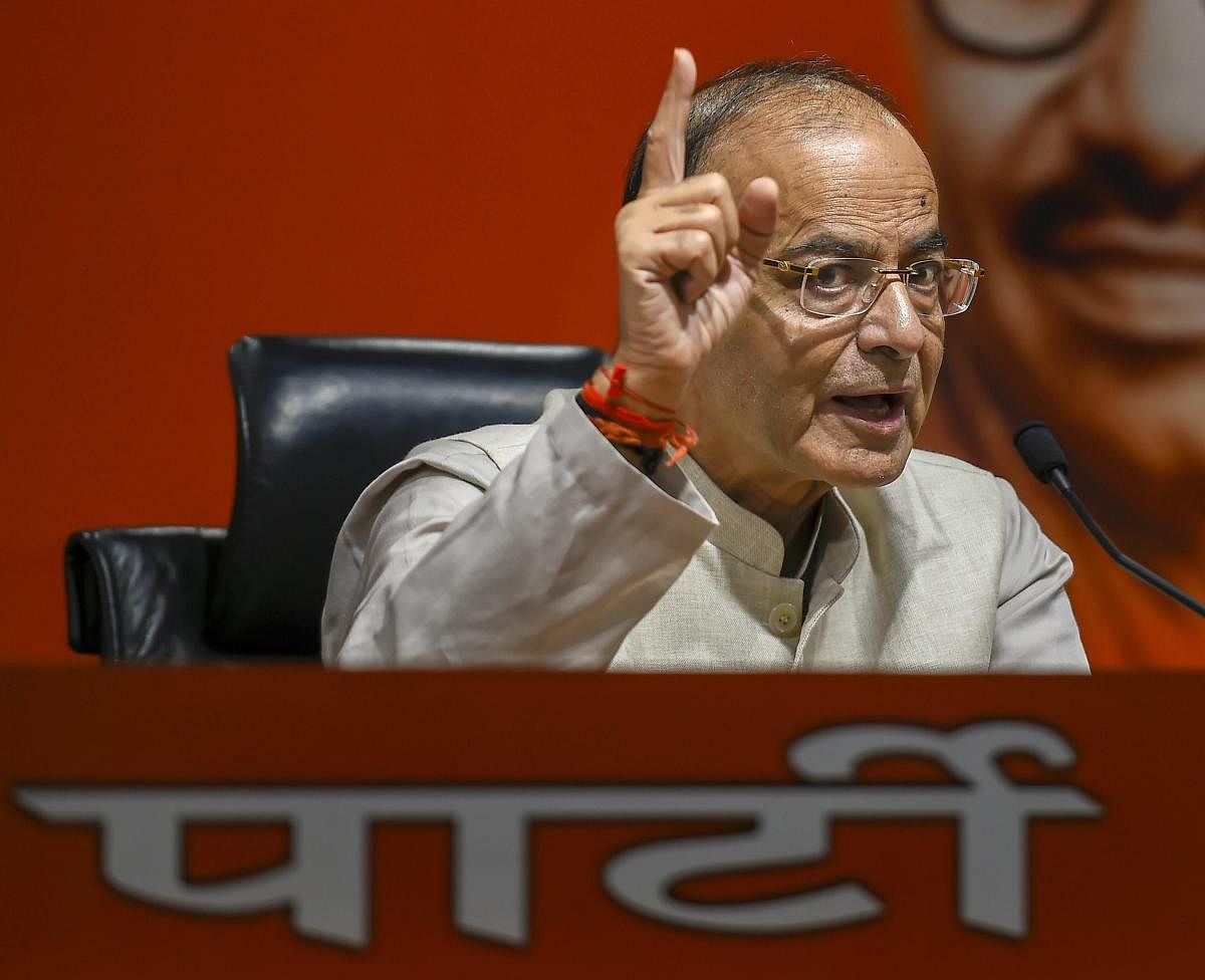 Union minister and senior BJP leader Arun Jaitley addresses a press conference at the party office in New Delhi, on April 3. PTI