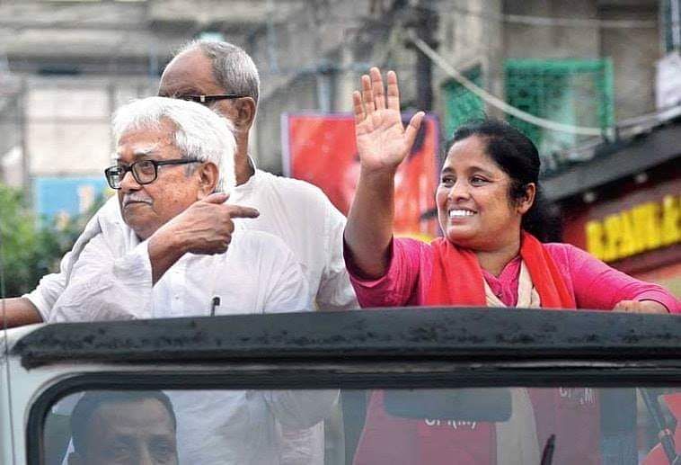 CPI(M) candidate from Barrackpur Gargi Chatterjee (on the right) with Left Front chairperson Biman Basu during campaigning.