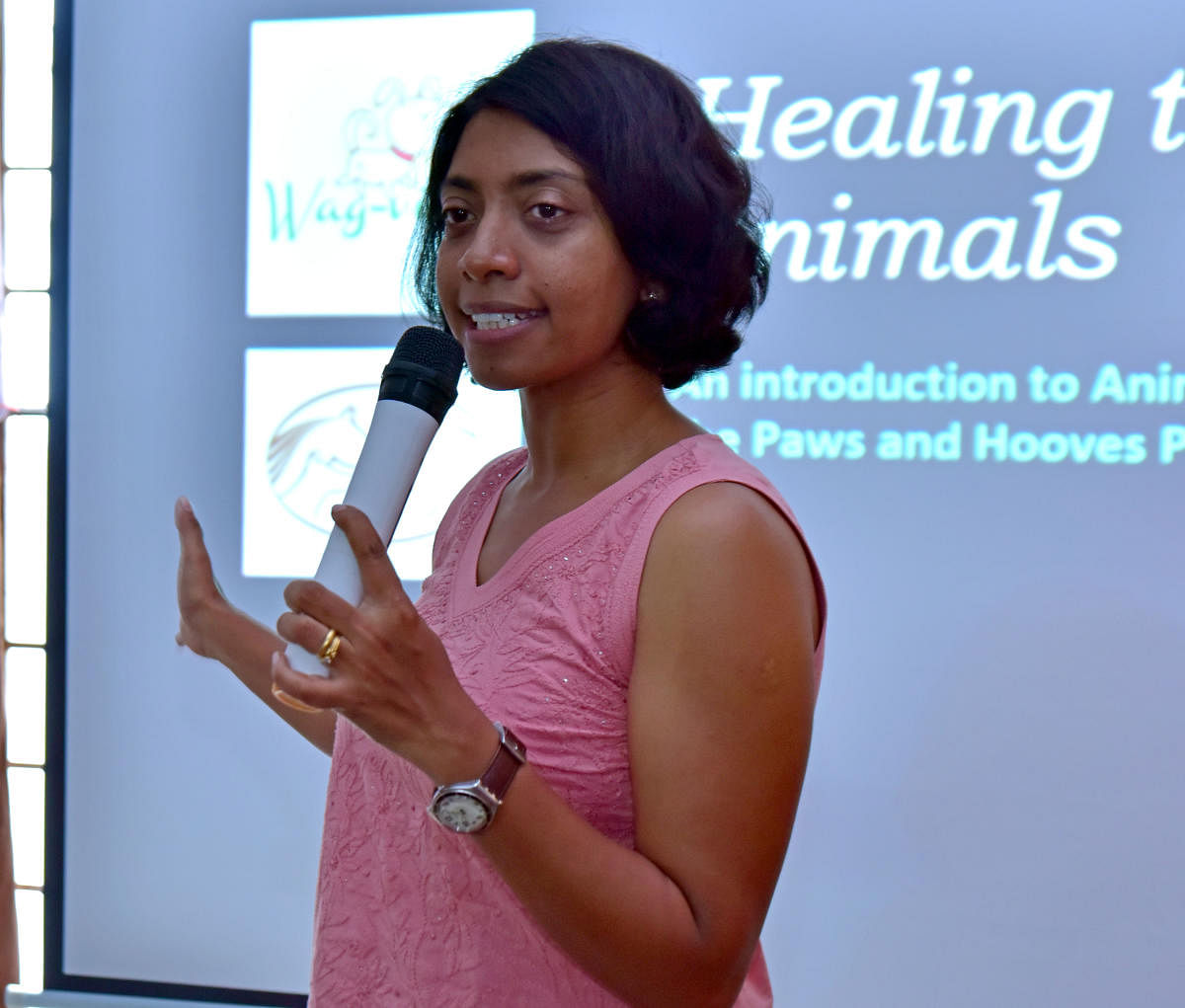 Wag-Ville co-founder Subhadra Cherukuri speaks at a workshop on Animal-assisted Therapy here on Saturday at Anirveda Resource Centre for Psychological Wellbeing in Mangaluru on Saturday.