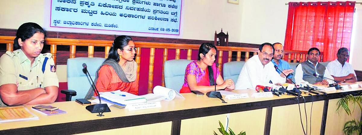Revenue Department (Disaster Management) Principal Secretary Dr Rajkumar Khatri chairs a meeting at the DC's office in Madikeri on Friday. Deputy Commissioner Annies Kanmani Joy, Superintendent of Police Dr Suman D Pennekar and Zilla Panchayat CEO K Laksh