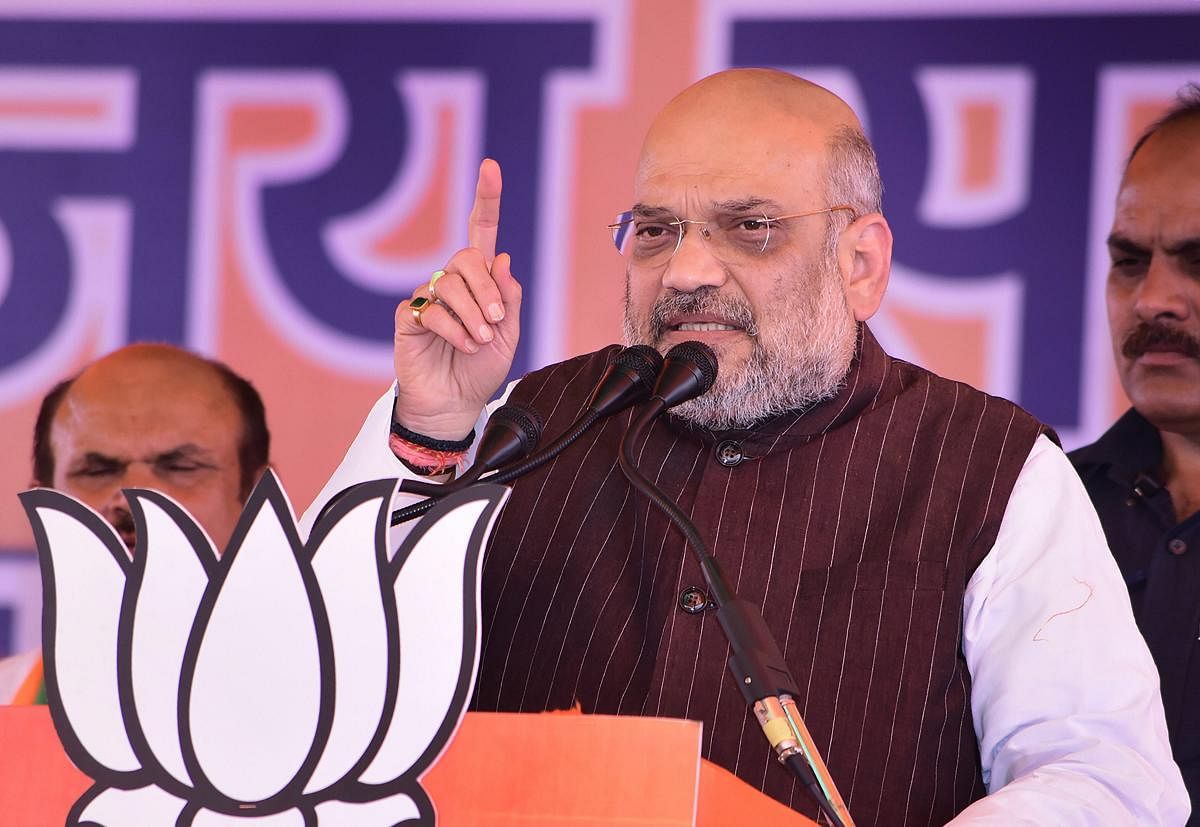 BJP president Amit Shah gestures as he addresses an election rally for the Lok Sabha polls, in Sonipat on May 5, 2019. PTI