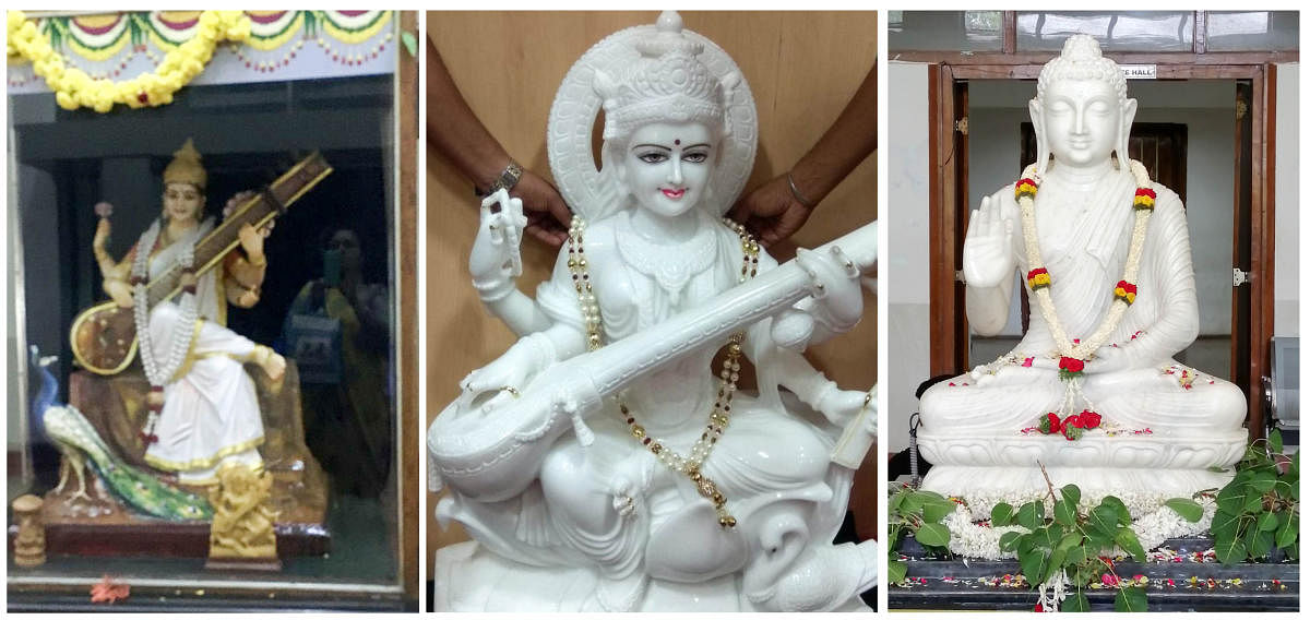 A new Saraswati idol (middle) was slated to replace an old one (left). But a Buddha idol now stands in its place. 
