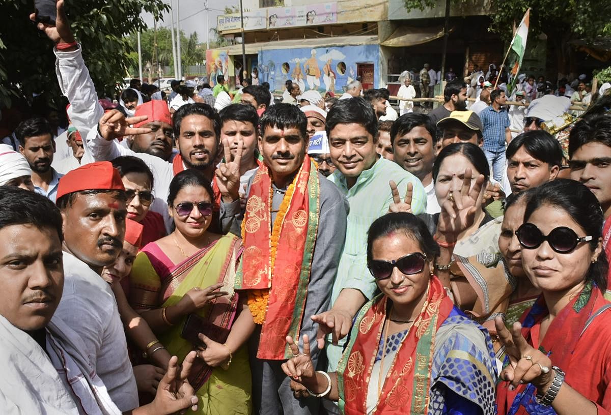 Varanasi: Dismissed BSF constable Tej Bahadur Yadav with supporters after he was fielded as Samajwadi Party-Bahujan Samajwadi Party alliance's Varanasi seat candidate for Lok Sabha polls, in Varanasi, Monday, April 29, 2019. Yadav was dismissed in 2017 af