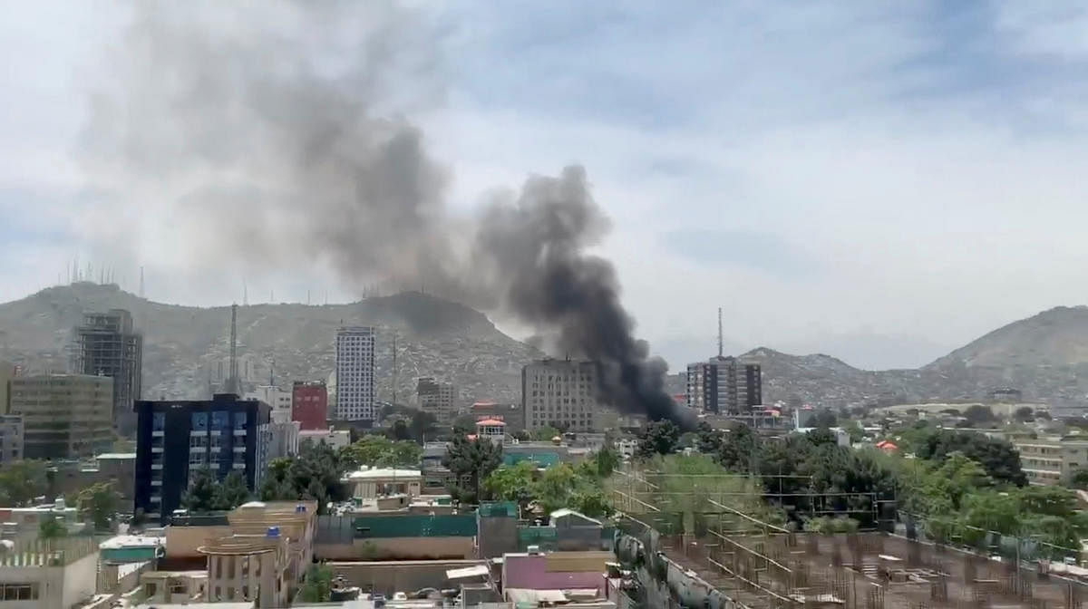 Smoke rises from the site of a blast in Kabul, Afghanistan May 8, 2019, in this still image taken from a video obtained by social media. REUTERS