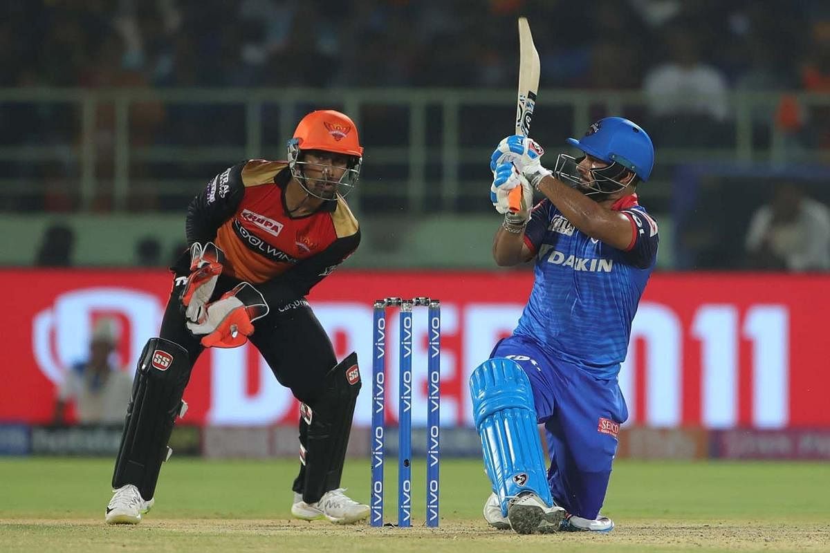 Destructive: Delhi Capitals' Rishabh Pant sends a Basil Thampi delivery racing to the fence during his 21-ball-49 in the Eliminator against Sunrisers Hyderabad in Visakhapatnam on Wednesday. IPL Media