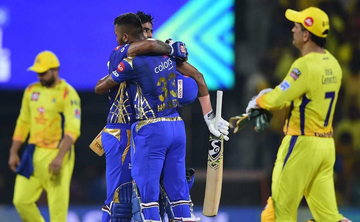 MI players Suryakumar Yadav and Hardik Pandya celebrating after them team qualifying for final as they win the First Qualifier of Indian Premier League 2019 (IPL T20) playoffs cricket match against Chennai Super Kings (CSK) at MA Chidambaram Stadium, Chepauk, in Chennai on May 7, 2019. (PTI Photo)
