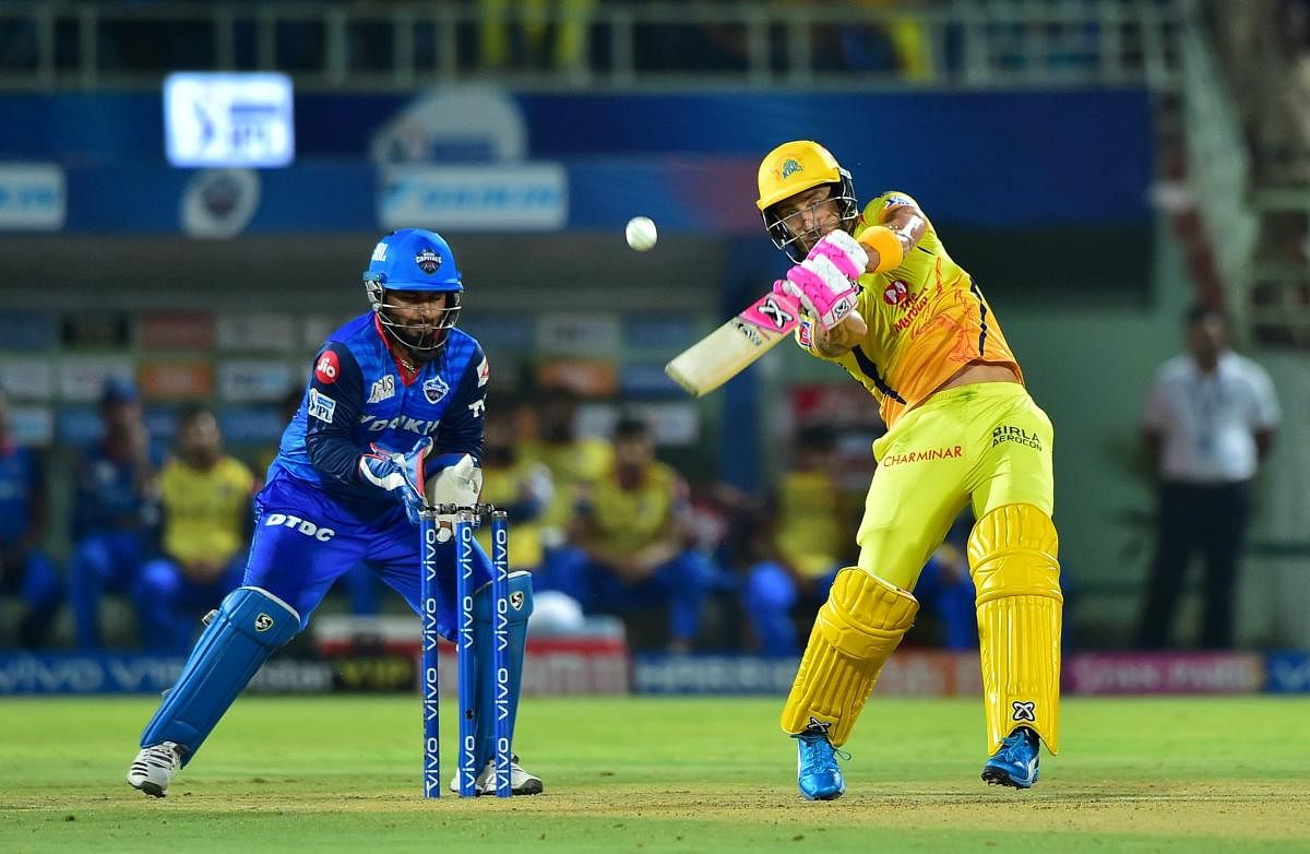Chennai Super Kings’ Faf Du Plessis slams one over the fence en route his 50 against Delhi Capitals in the Qualifier 2 of the IPL on Friday. PTI
