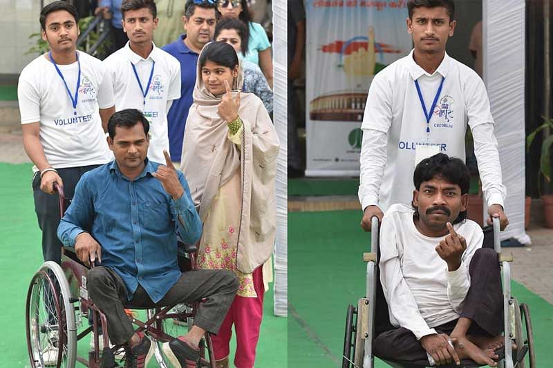 Polling staff, police personnel and volunteers deployed at polling stations offered help to differently abled persons and ensured they cast their votes with least discomfort. PTI photo
