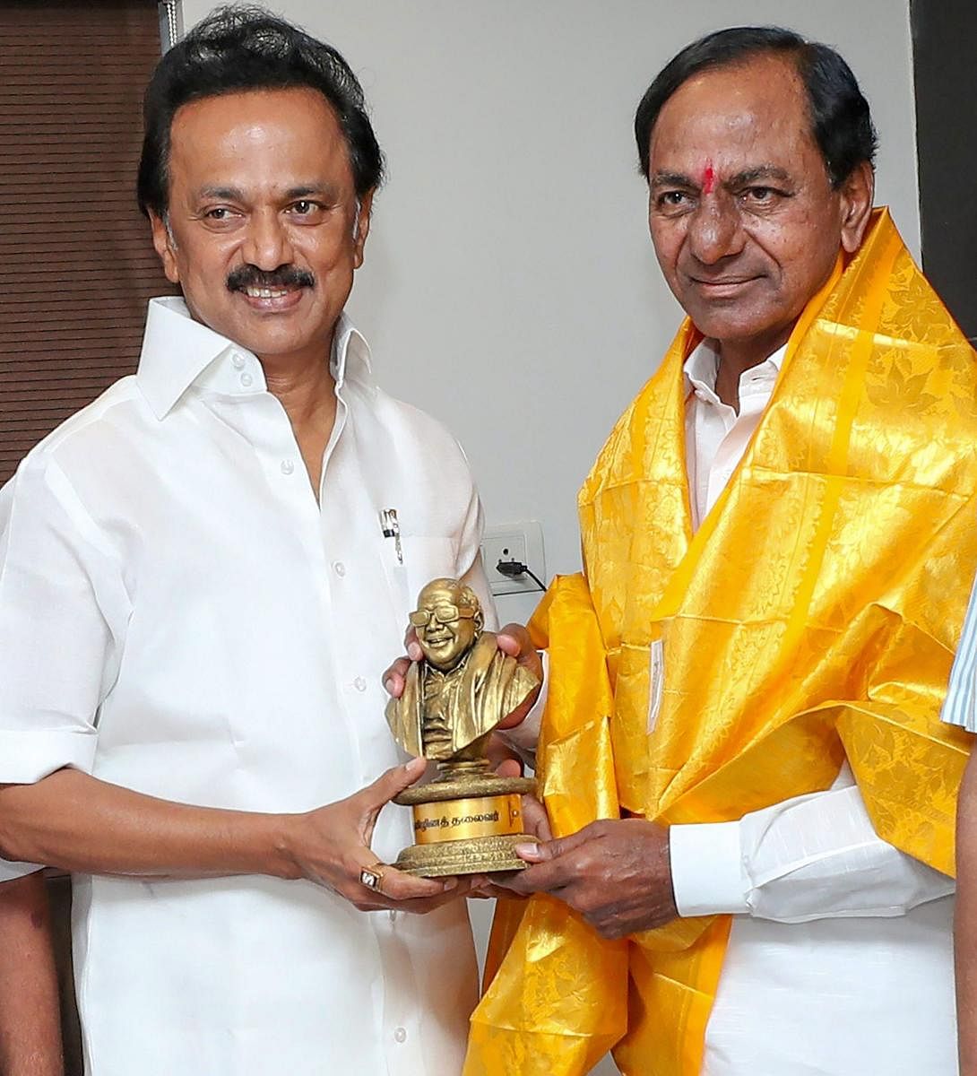 DMK Leader MK Stalin greets Telangana Chief Minister K. Chandrashekar Rao, at his residence, in Chennai, Monday, May 13, 2019. (PTI Photo)