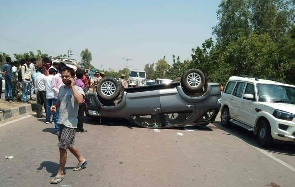 The MLA's car turned turtle when the driver tried to speed away. Aditi suffered injuries and was admitted to a hospital, sources said. Picture courtesy Twitter