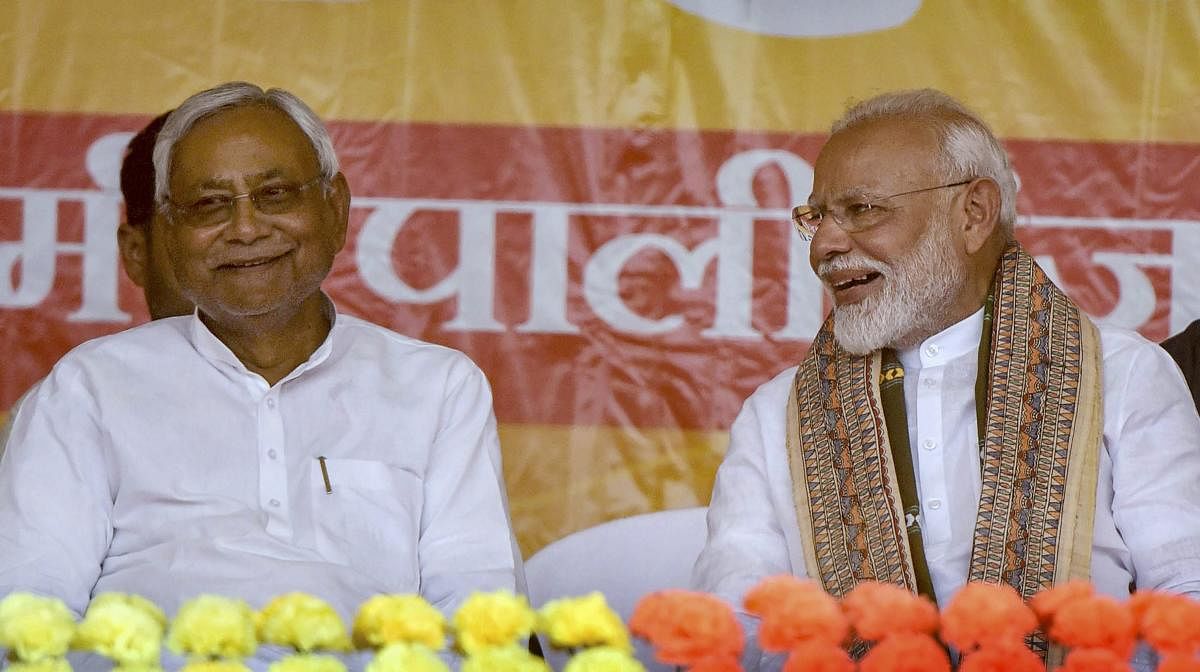 Prime Minister Narendra Modi and Bihar Chief Minister Nitish Kumar during an election campaign rally ahead of the last phase of the Lok Sabha polls, at Paliganj in Patna, Wednesday, May 15, 2019. (PTI Photo)