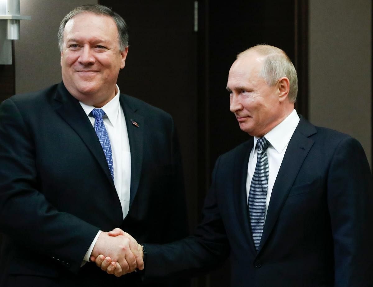 Russian President Vladimir Putin meets with US Secretary of State Mike Pompeo at the Bocharov Ruchei residence in Sochi on May 14, 2019. (Photo by Pavel Golovkin / POOL / AFP)