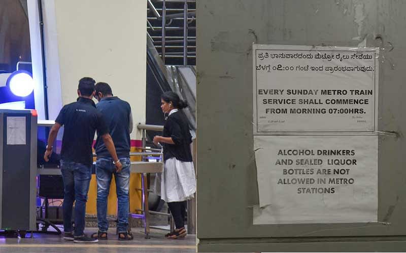 Security staff keep an eye on passengers on all floors. Right: Notice on a pillar at a station. dh photo by S K Dinesh