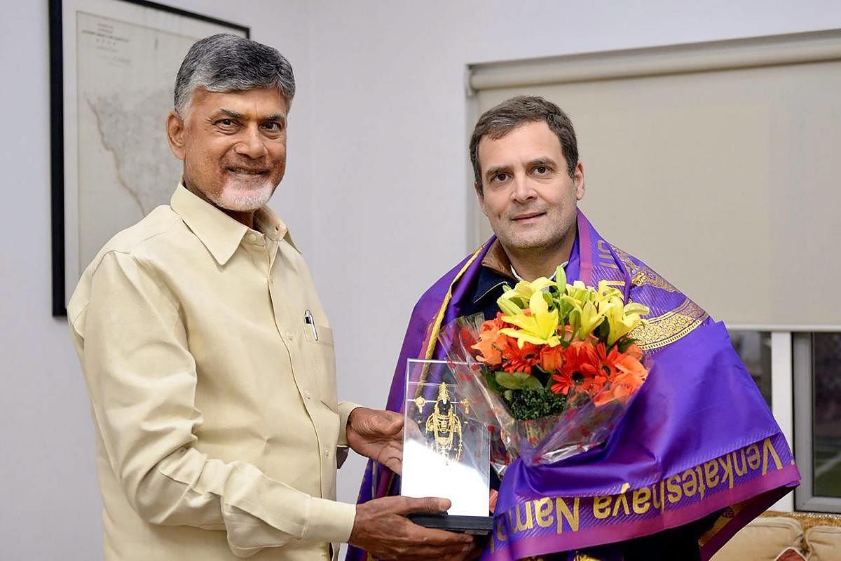 Before meeting the Congress chief, Naidu, who is spearheading an effort to cobble up an anti-BJP front, met CPI leaders Sudhakar Reddy and D Raja. (PTI File Photo)