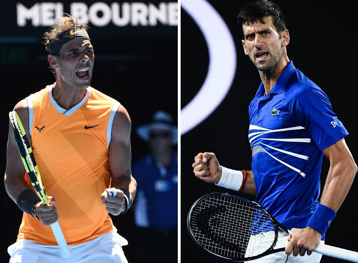 This combination photo created on January 25, 2019 shows Spain's Rafael Nadal celebrating his victory against Australia's James Duckworth at the Australian Open tennis tournament in Melbourne on January 14, 2019 (L) and Serbia's Novak Djokovic reacting after a point against France's Lucas Pouille at the Australian Open tennis tournament in Melbourne on January 25, 2019. - Rafael Nadal will play Novak Djokovic in the men's singles final at the Australian Open tennis tournament on January 27, 2019. (Photo by Jewel SAMAD / AFP)