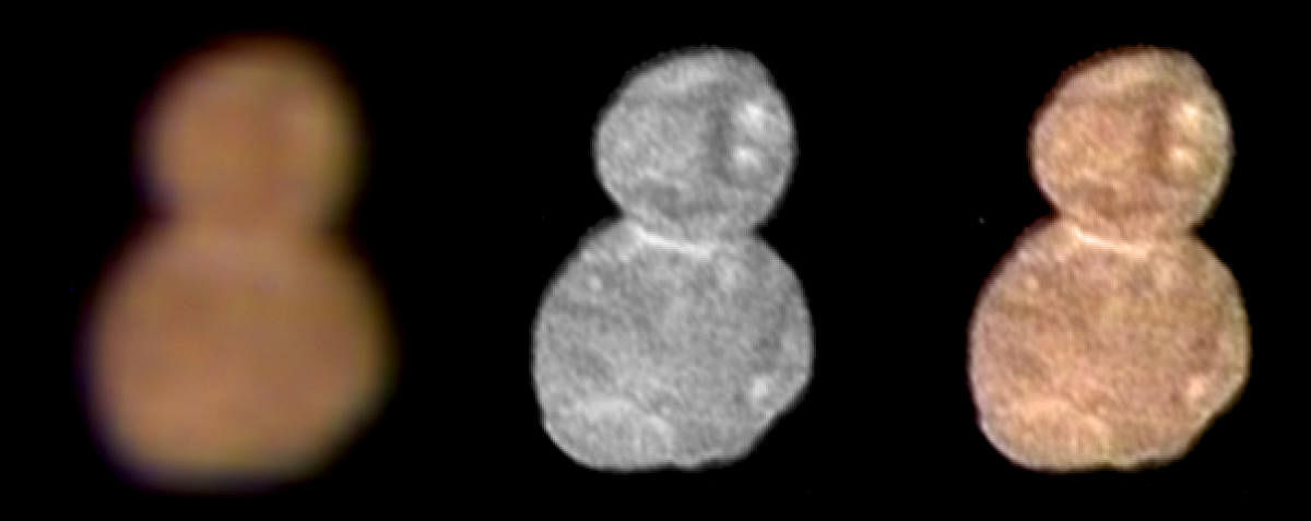The first color image of Ultima Thule, 20-mile-long (32-km-long) space rock, taken by NASA's New Horizons spacecraft, taken at a distance of 85,000 miles (137,000 kilometers) at 4:08 GMT on January 1, 2019, highlights its reddish surface in this image rel