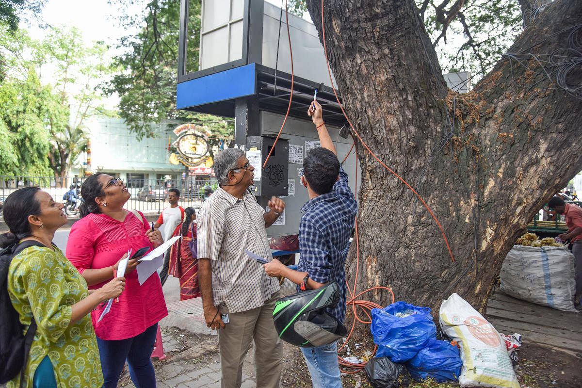 Volunteers of various citizens groups are participated in collecting trees data, social impact assessment on construction of elevated corridor, effects on the human and environment at KH Road in Bengaluru on Saturday. Photo by S K Dinesh