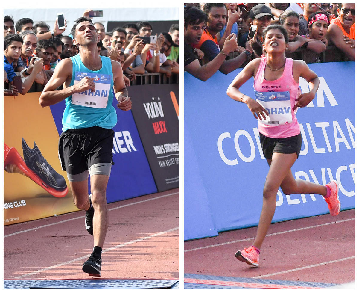 Karan Singh (left) and Sanjivani Jadhav, winners in the Indian men's and women's segment of the TCS World 10K on Sunday. DH PHOTO/ B H Shivakumar