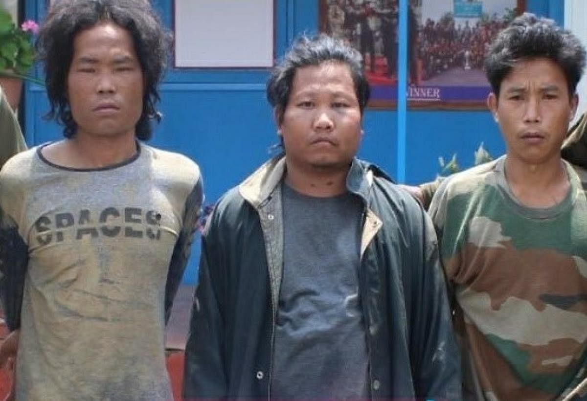 Three suspected NSCN (K) cadres arrested by Assam Rifles on Sunday in Changlang district in Arunachal Pradesh. DH photo