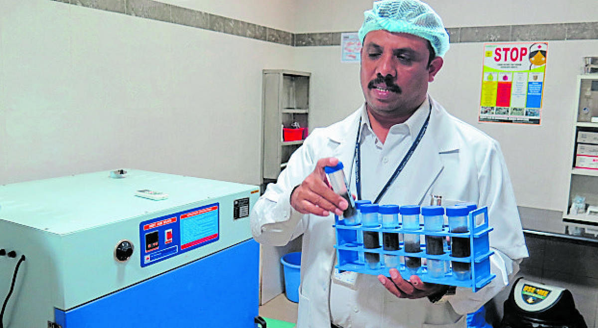 Dr Nagaraj B N, in charge of the skin bank at Victoria Hospital, shows tubes containing human skin. DH PHOTO/AKHIL KADIDAL