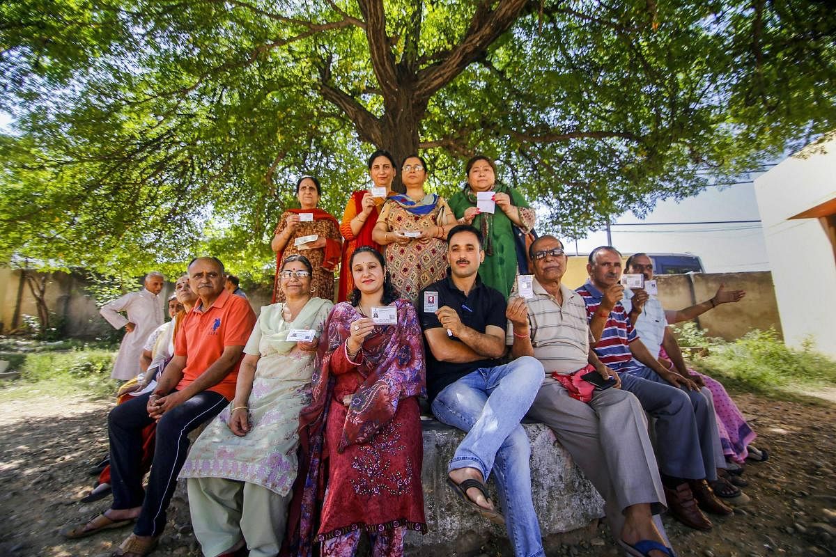 Migrant Kashmiri Pandits after casting their votes at a special polling station for Anantnag Lok Sabha seat, during the fifth phase of General Elections 2019, in Jammu. PTI File Photo