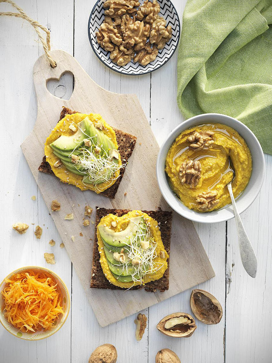 Rye Bread with Walnut and Carrot Hummus, Avocado and Alfalfa Sprouts