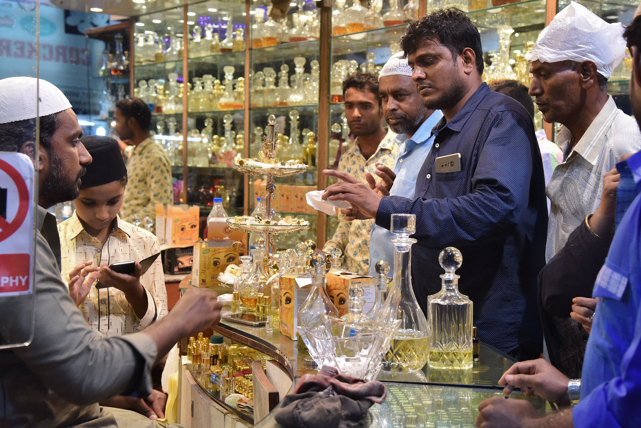 Ramzan shopping for attar at a shop on Dharmaraya Temple Street, Shivajinagar.