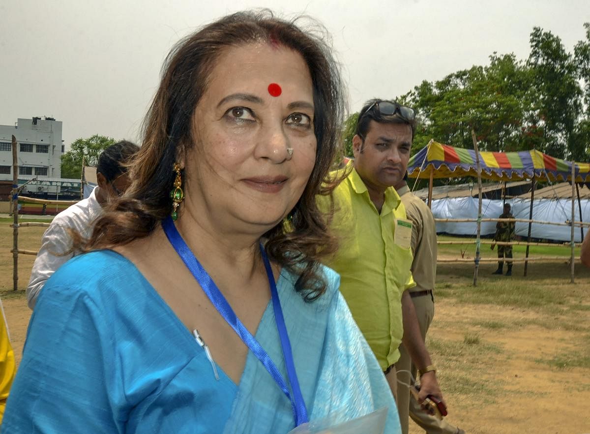 Asansol: TMC candidate Moon Moon Sen at a counting centre for the 2019 Lok Sabha polls, on the vote counting day in Asansol, Thursday, May 23, 2019. (PTI Photo)