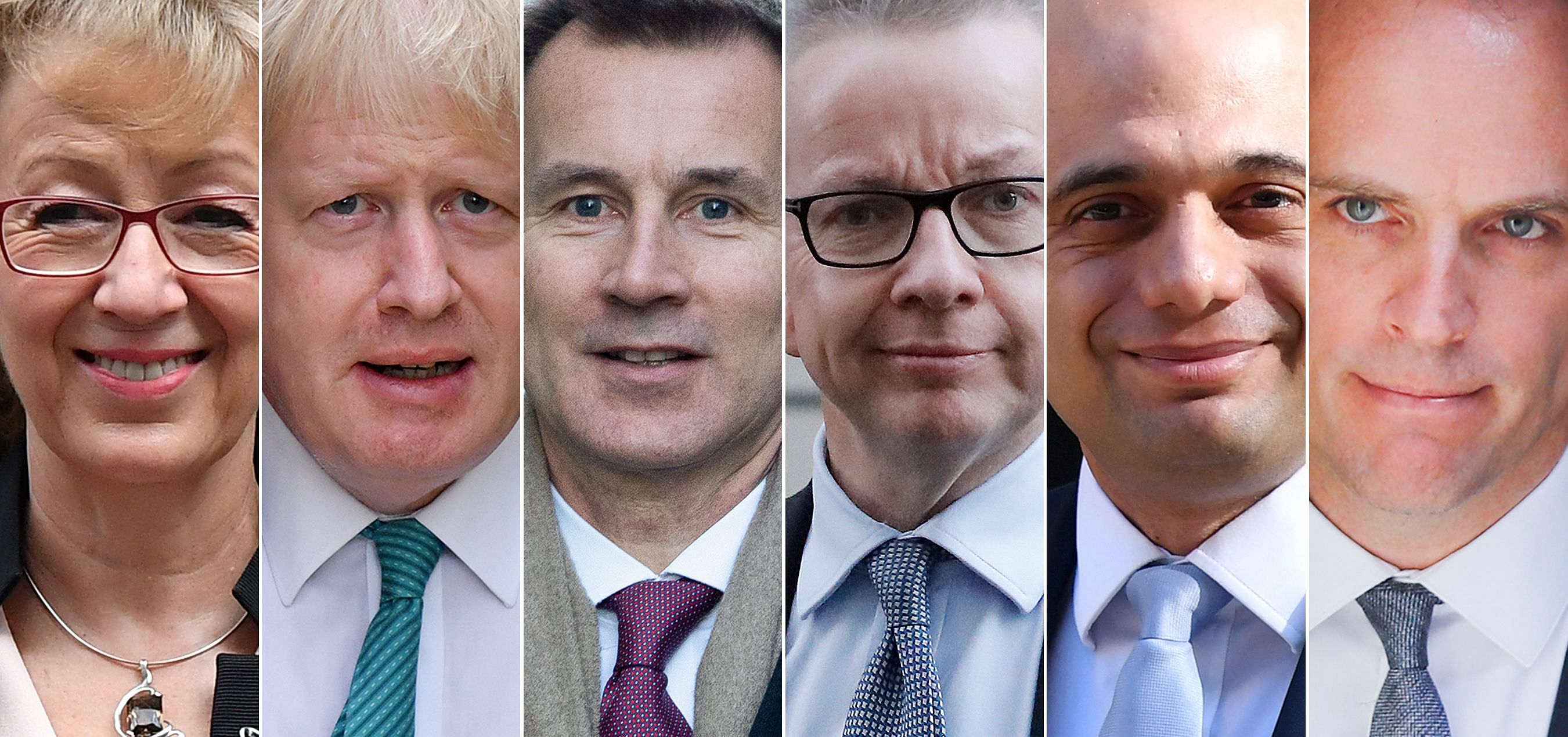Six main contenders to replace Britain's Prime Minister Theresa May when she resigns on June 7: (L-R) former leader of the House of Commons Angela Leadsom; former foreign secretary Boris Johnson; Britain's Foreign Secretary Jeremy Hunt, Britain's Environment, Food and Rural Affairs Secretary Michael Gove; Britain's Home Secretary Sajid Javid and former Brexit secretary Dominic Raab. (Photo by AFP)