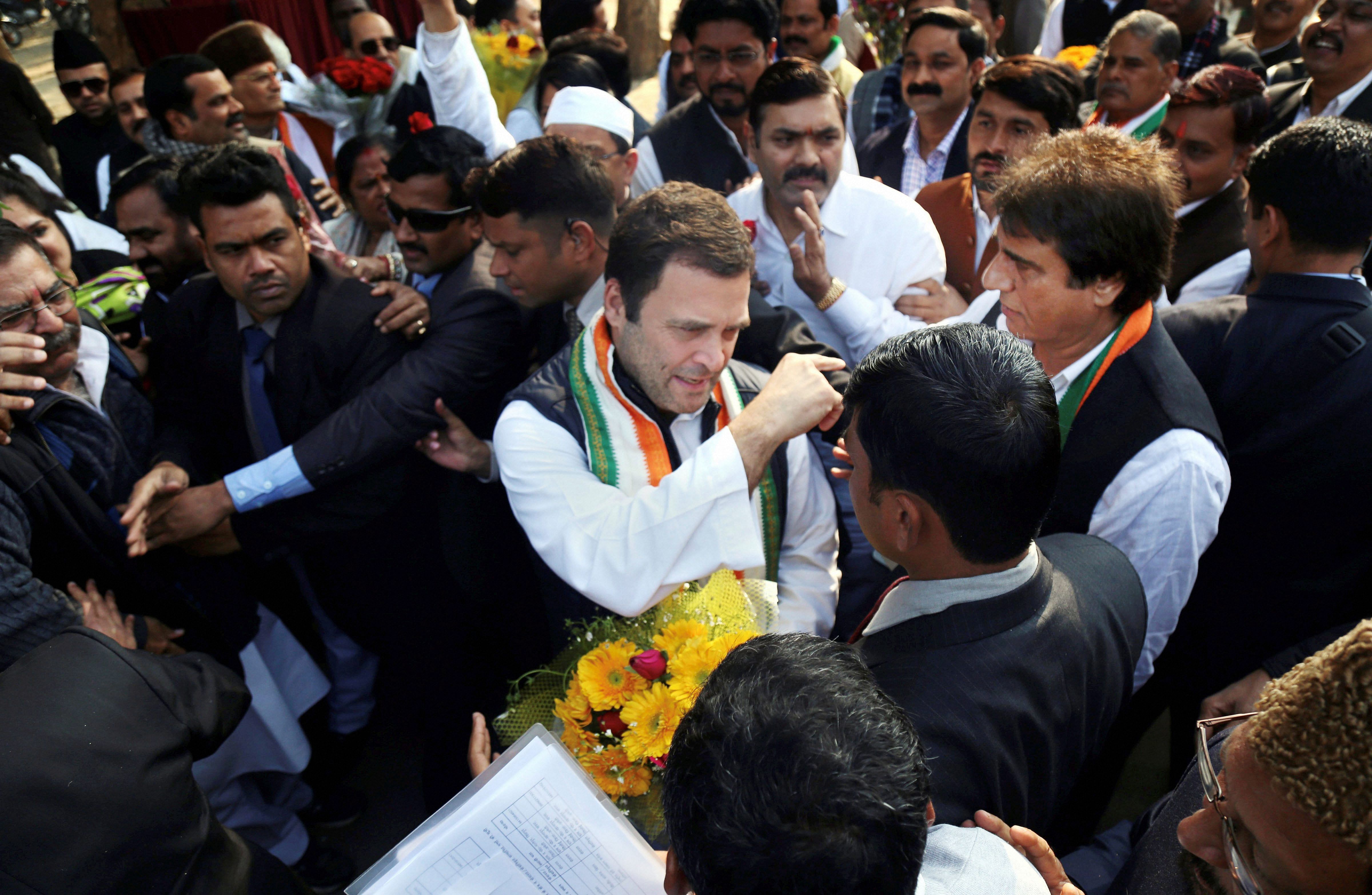 Congress President Rahul Gandhi being received by UPCC President Raj Babbar and other party workers. (PTI File Photo) 