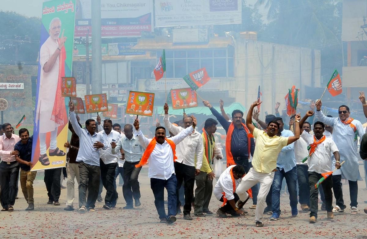 BJP workers celebrate the victory of Shobha Karandlaje at Azad Park in Chikkamagaluru on Thursday.