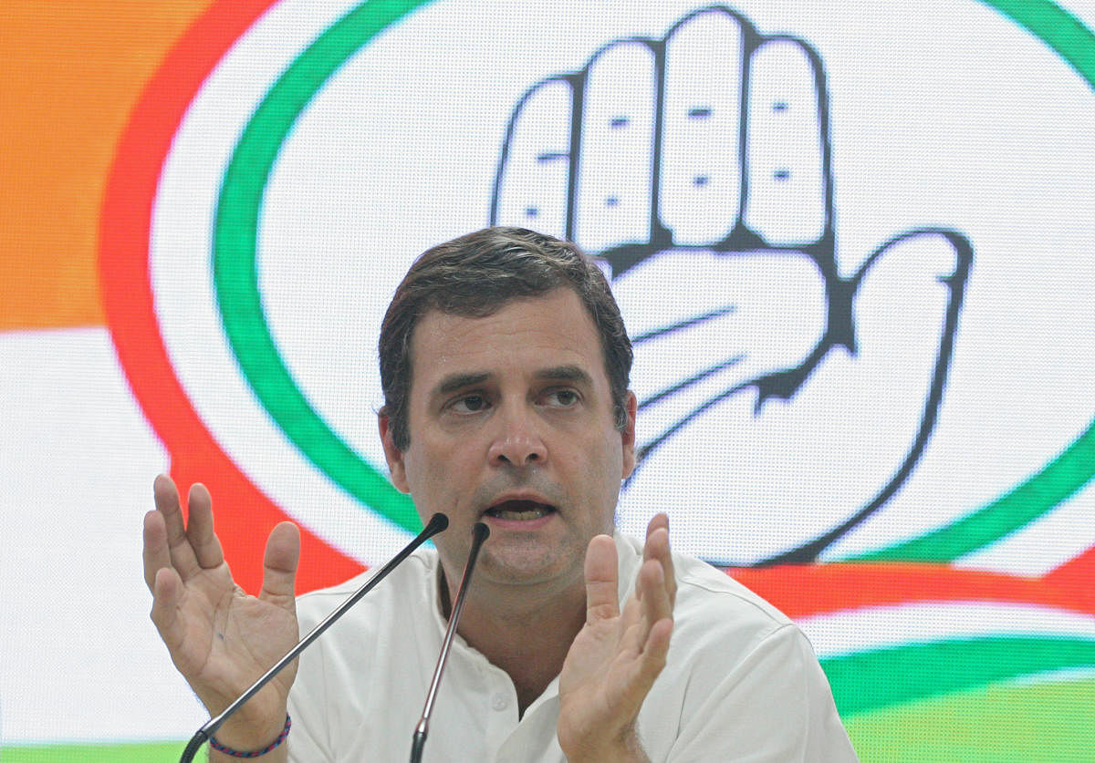 Congress President Rahul Gandhi addresses a press conference in New Delhi after the party's defeat. Reuters
