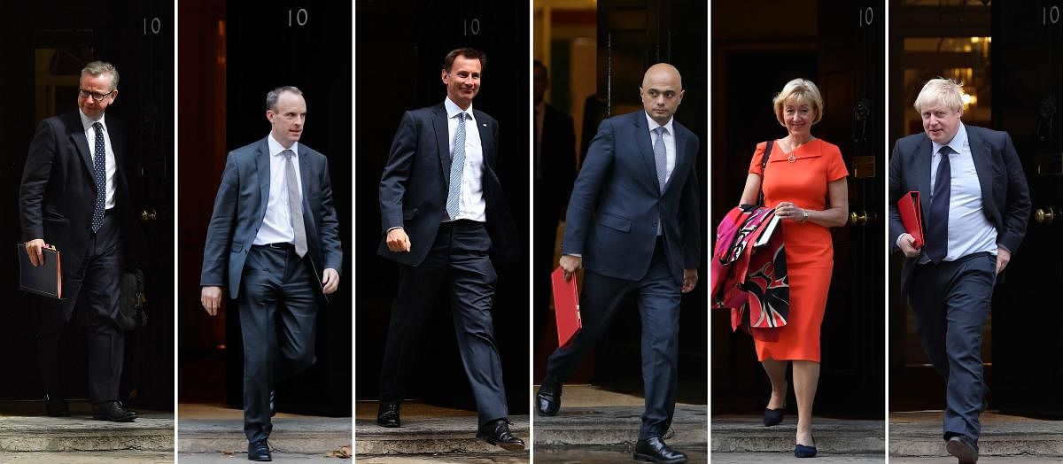 A combination of picture created in London on May 24, 2019 shows recent pictures of the six main contenders to replace Britain's Prime Minister Theresa May when she resigns on June 7: (L-R) Britain's Environment, Food and Rural Affairs Secretary Michael G