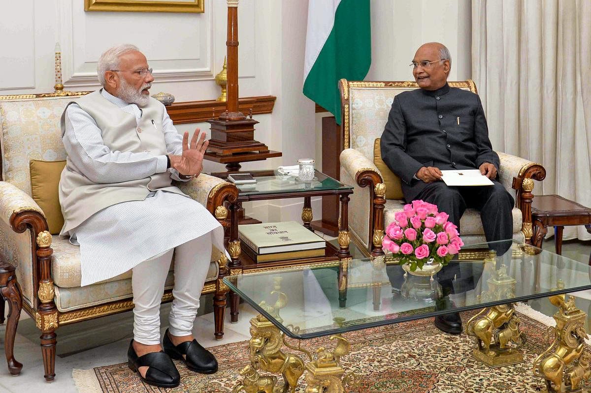 Prime Minister Narendra Modi meets President Ram Nath Kovind at Rashtrapati Bhavan, in New Delhi, Friday, May 24, 2019. The Prime Minister tendered his resignation along with the Union Council of Ministers. (PTI Photo)