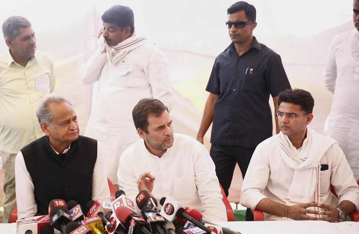 Congress President Rahul Gandhi with Rajasthan Chief Minister Ashok Gehlot and Deputy Chief Minister Sachin Pilot. (PTI File Photo)
