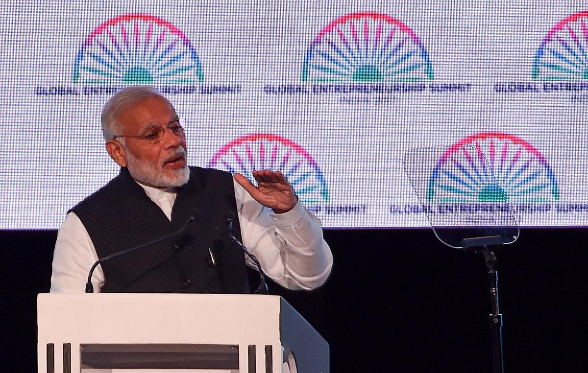 Indian Prime Minister Narendra Modi speaks during the Global Entrepreneurship Summmit at the Hyderabad convention centre (HICC) in Hyderabad in November, 2017 (AFP PHOTO)