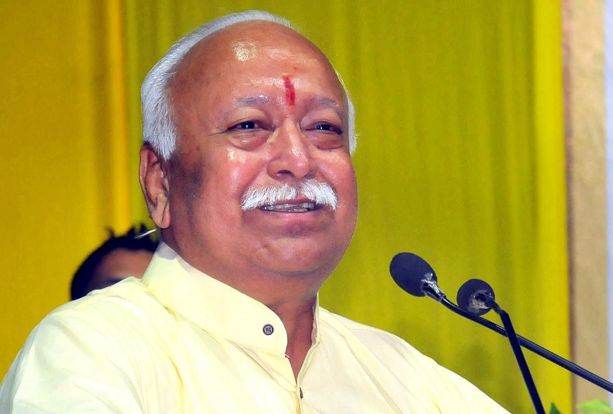 RSS Chief Mohan Bhagwat addresses the media after a book release during an event last year. (PTI Photo)
