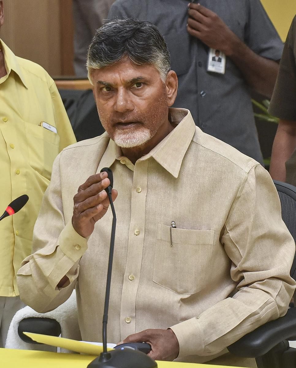 TDP president and outgoing CM, Chandrababu Naidu addresses a press conference at Undavalli (PTI Photo)