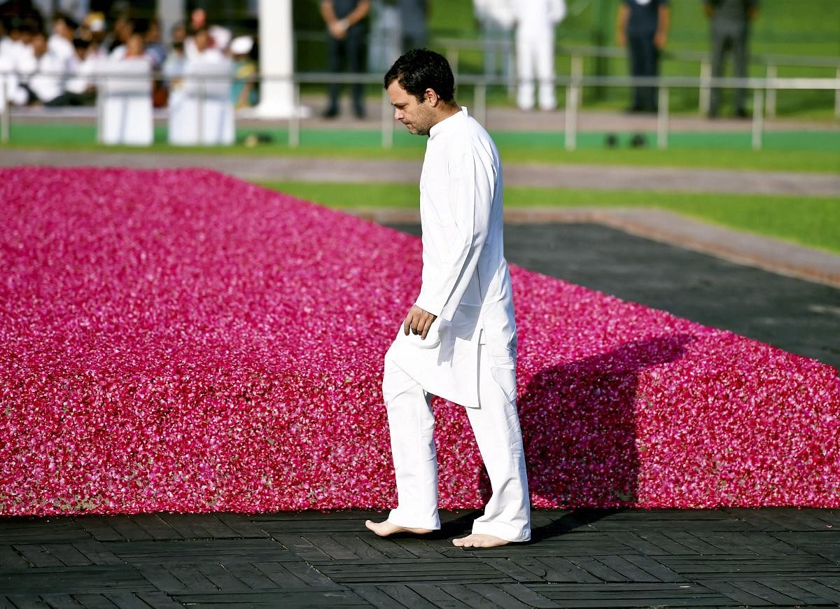 Congress president Rahul Gandhi after paying tributes to India's first prime minister Jawaharlal Nehru on his 55th death anniversary at Shanti Van in New Delhi on Monday. PTI