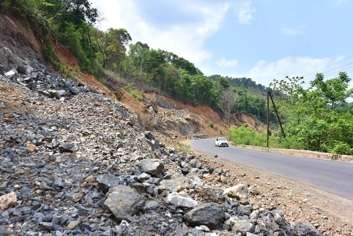 The work on a part of the Addahole – B C Road stretch of the national highway is incomplete. DH Photo/Govindraj Javali