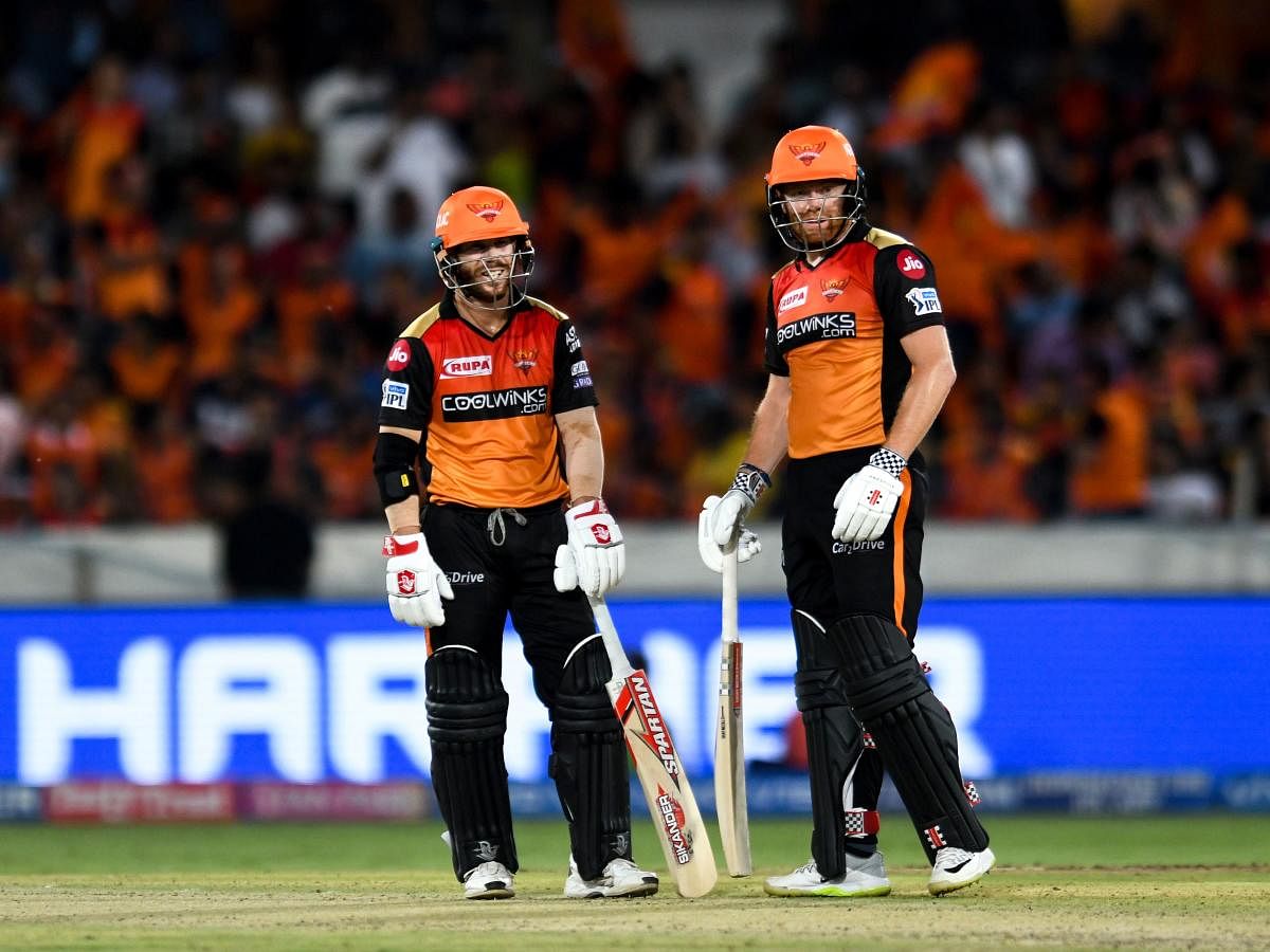 Sunrisers Hyderabad cricketers David Warner (L) and Jonny Bairstow. AFP file photo