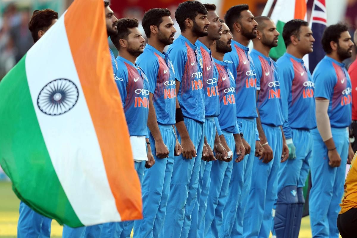 Members of the Indian team line up for the national anthems during the third Twenty20 international cricket match between New Zealand and India in Hamilton on February 10, 2019. (AFP File Photo)