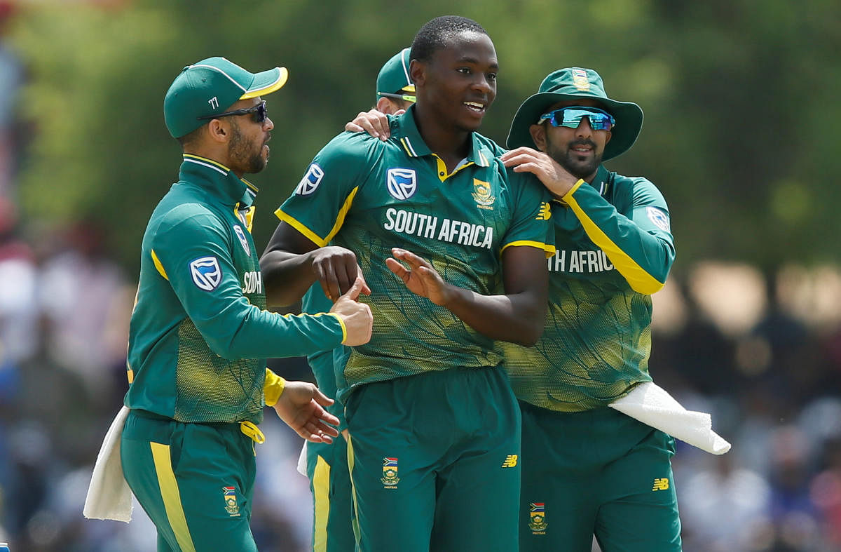 South Africa's Kagiso Rabada (centre) is a lethal package with his pace, skills and aggression. Reuters 