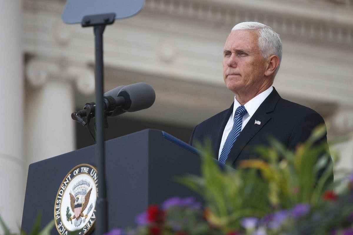 U.S. Vice President Mike Pence delivers remarks inside the Amphitheater during a Memorial Day event at Arlington National Cemetery on May 27, 2019 in Arlington, Virginia. (AFP File Photo)