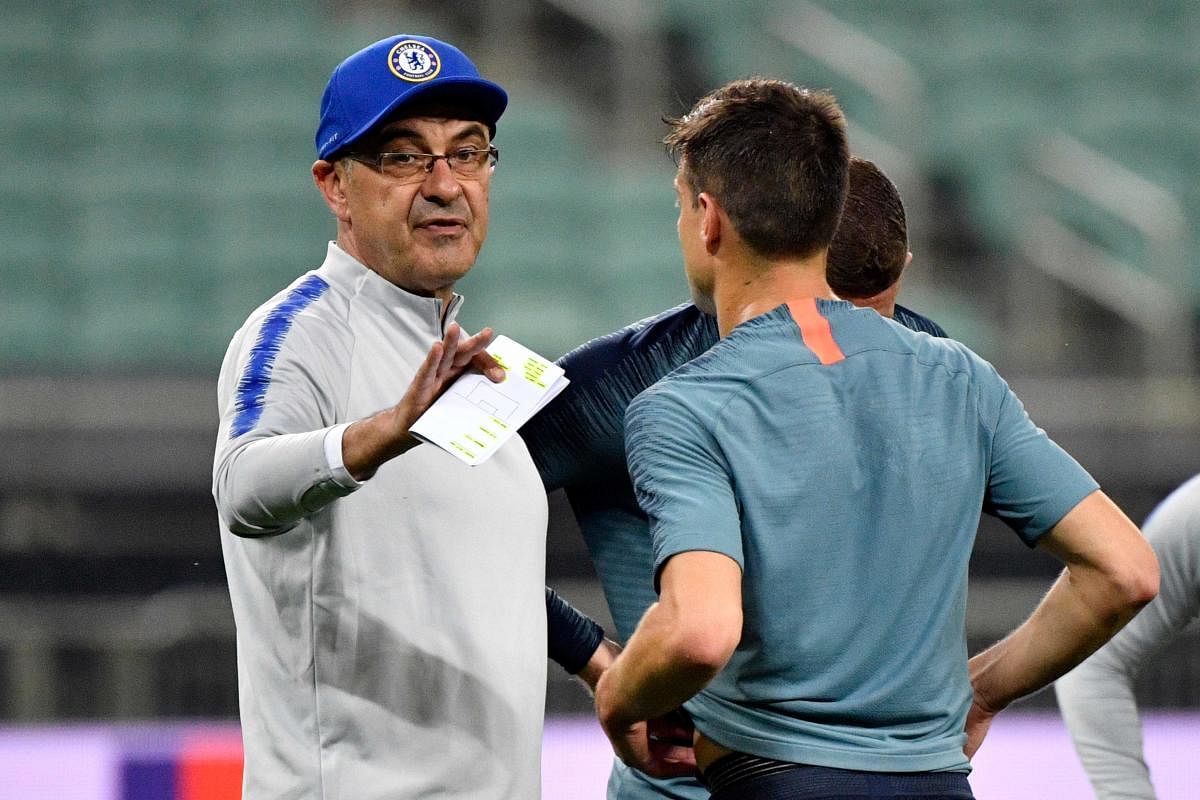 Chelsea's Italian head coach Maurizio Sarri attends his team's training session at the Baku Olympic Stadium. (AFP File Photo)