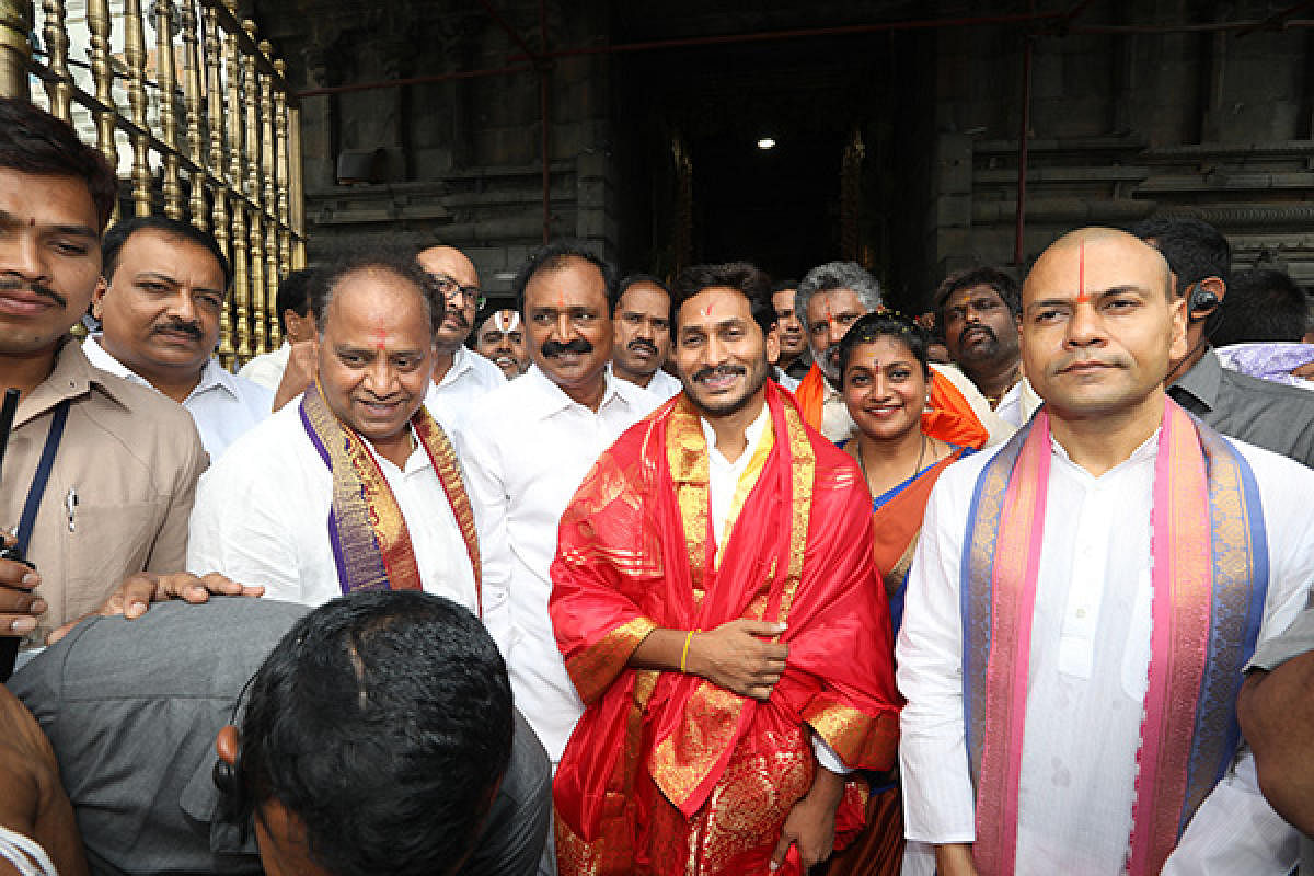 Jagan at Tirumala temple in Tirupati on Wednesday.