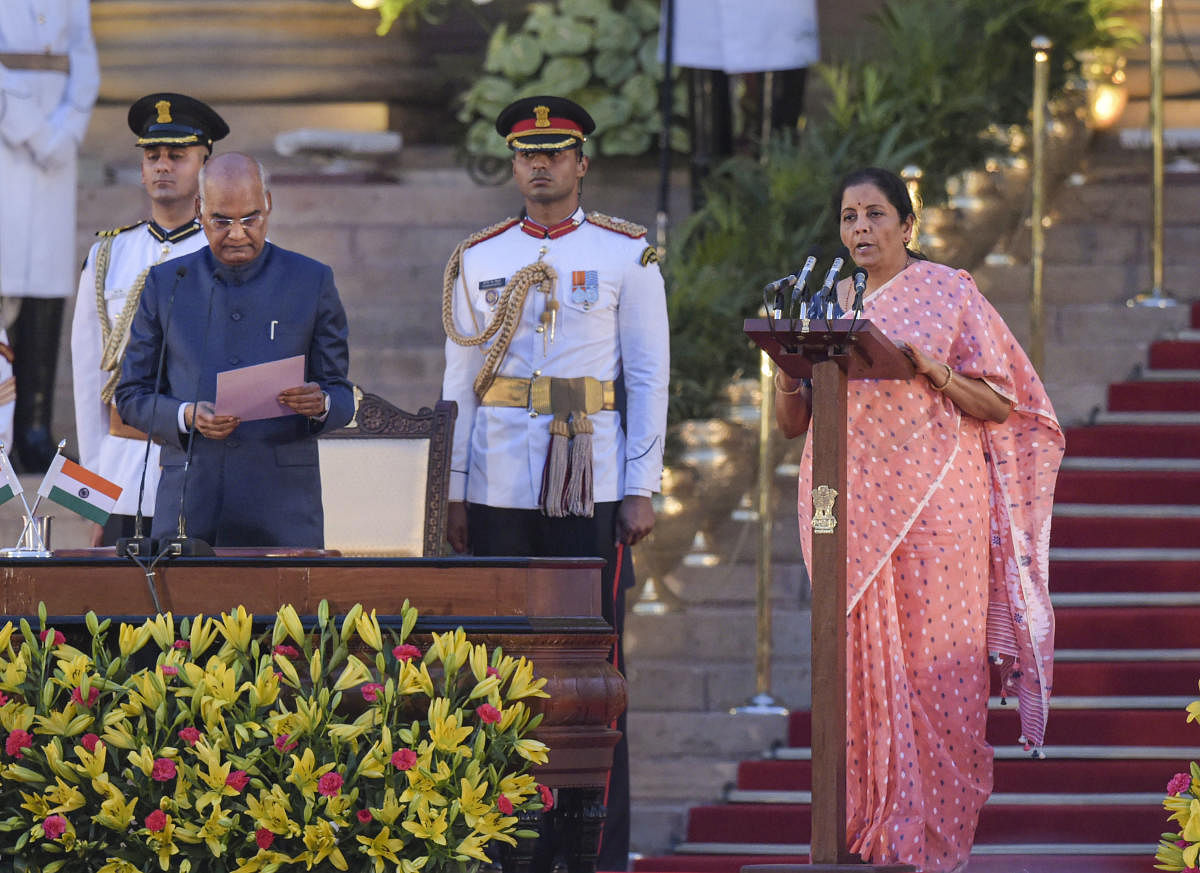 Nirmala Sitharaman being sworn-in as a Cabinet minister by President Ram Nath Kovind during a swearing-in ceremony at the forecourt of Rashtrapati Bhawan in New Delhi, Thursday, May 30, 2019.  PTI file photo