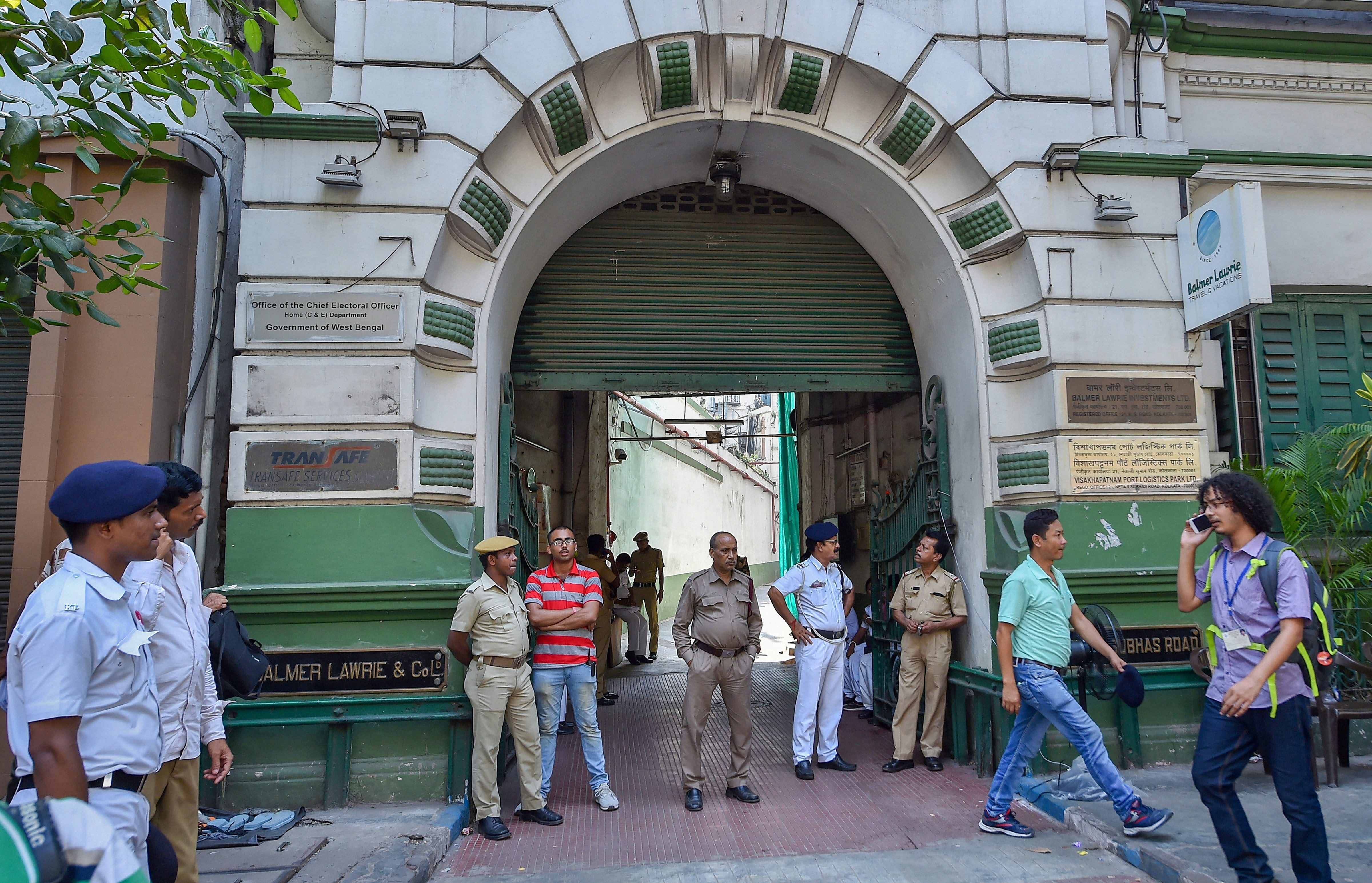 Police personnel stand guard in front of Election Commission Office in Kolkata. (PTI File Photo)