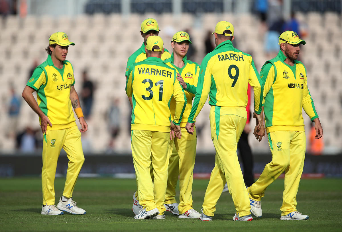 Cricket - ICC Cricket World Cup Warm-Up Match - England v Australia - The Ageas Bowl, Southampton, Britain - May 25, 2019, Australia's David Warner and Steve Smith with teammates after the match (Photo Reuters)